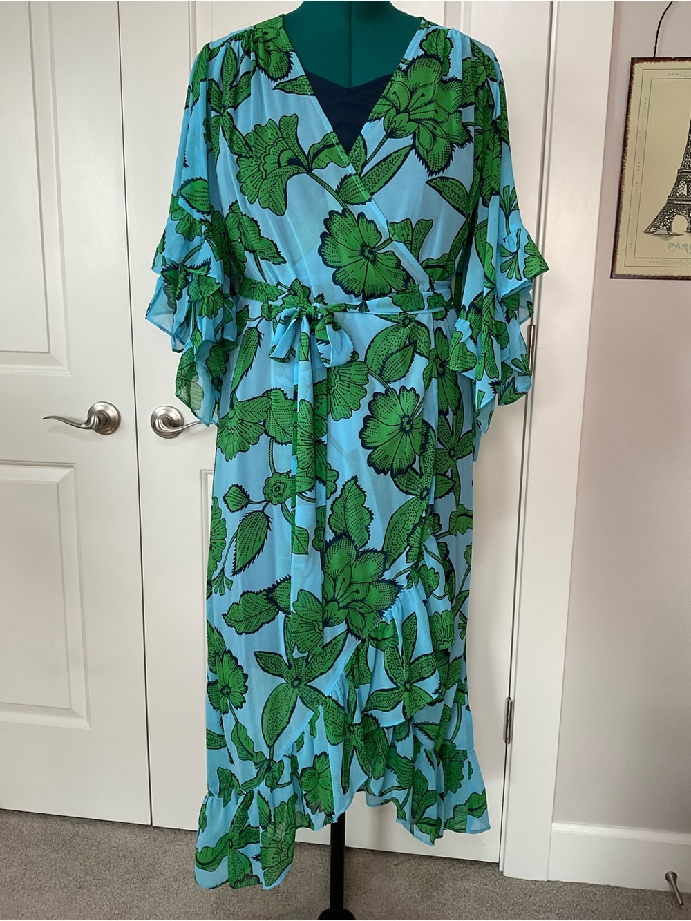 CAbi Blue & Green Floral Wrap Midi Dress #5815 Derby Dress